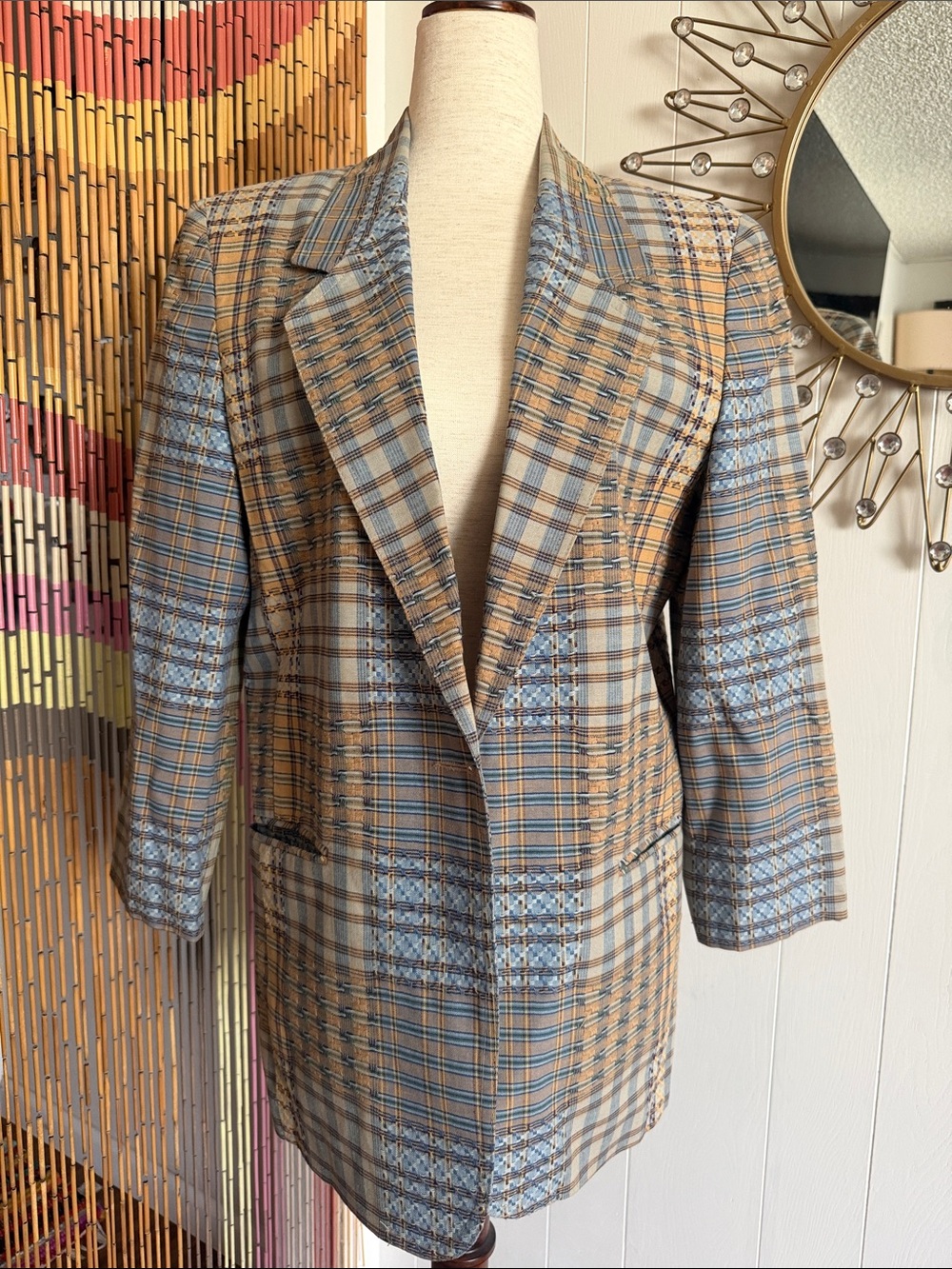 Vintage Plaid Blazer Jacket in Tan and Light Blue
